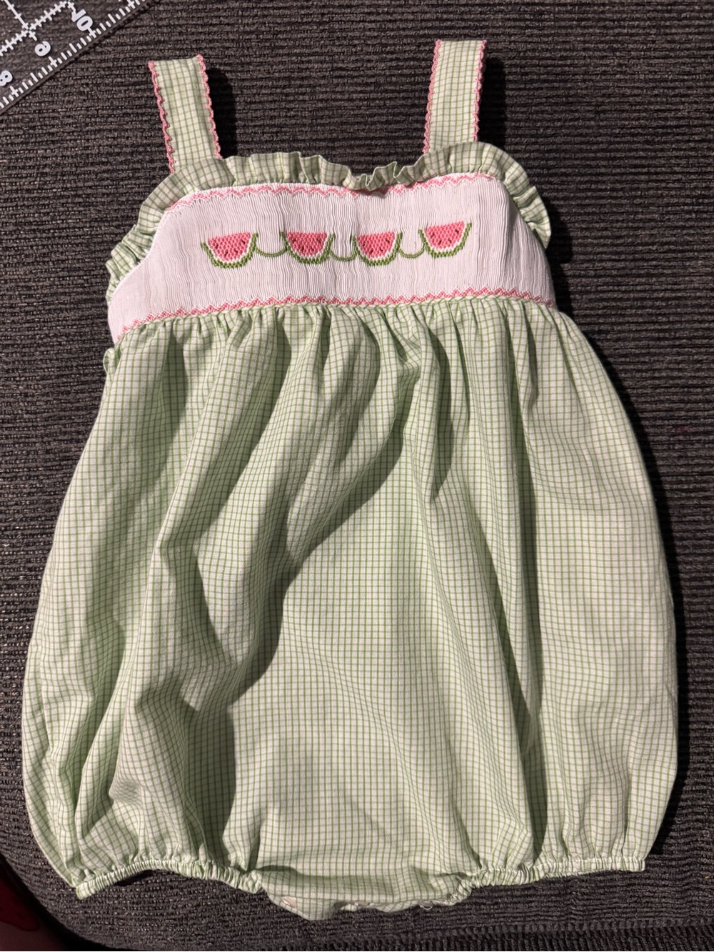 Petit Bebe 11M Green Gingham Smocked Watermelon Bubble Romper